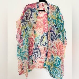 Chicos Top Womens Size l/xl Pink Blue Paisley Linen Open Cardigan Beach Casual